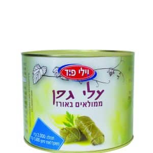 תמונה של פחית עם ממולאים באורז, ממותגת עם השם "על גילי גפן". על הפחית מופיע טקסט בעברית, כולל פרטים על המוצר.