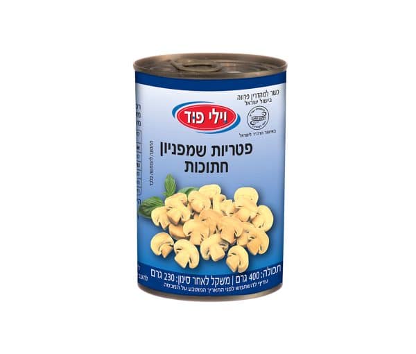 תמונה של פחית פטריות שמפיניון של המותג "ילד פוד". על הפחית יש טקסט המפרט את תכולת המוצר ונתוני המזון.