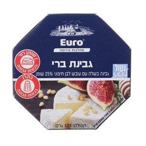 מוצר גבינת ברי של חברת Euro, אריזת פח ששוקלת 125 גרם, עם תיאור של גבינה שמכילה 25% חומרי חלב. התמונה כוללת גם דימויים של תאנים וצנוברים.