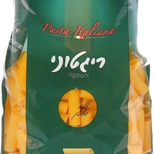 תמונה של אריזת פסטה ריגטוני, עם הכיתוב "Pasta Italiana" באנגלית ובעברית. מאחור יש תמונה של הפסטה, כמות האריזות היא 400 גרם.