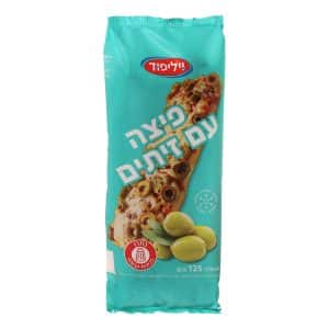 פיצה עם זיתים, 125 גרם, במשקל ובאריזת צבע טורקיז.