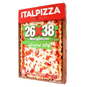 קופסת פיצה קפואה של ITALPIZZA, עם הכיתוב "26x38 Margherita" וכתוביות בעברית.