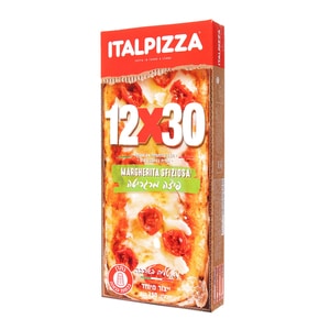 תמונה של קופסת פיצה קפואה של המותג ITALPIZZA, עם הכיתוב "12x30" ו"מרגריטה ספוציוזה".