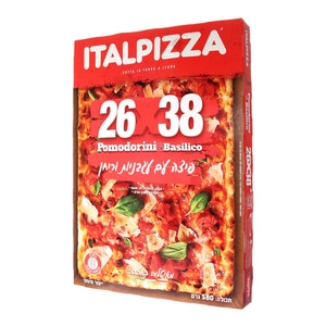 קופסת פיצה של ITALPIZZA בגודל 26x38 ס"מ, עם תמונה של פיצה מעוטרת בתוספות עגבניות ובזיליקום.