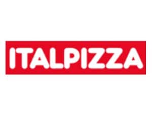 לוגו של רשת הפיצריות Italpizza, עם טקסט לבן על רקע אדום.