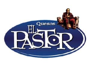 לוגו של חברת גבינות בשם "El Pastor", עם ציור של אדם יושב על כסא ולצידו כלבים.