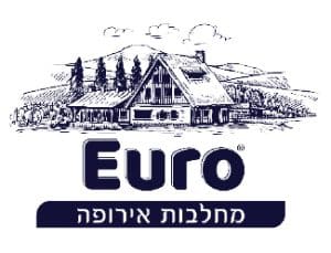 לוגו של חברת "Euro" עם עיצוב של בית כפרי ורקע של הרים. מתחת ללוגו כתוב "מתחלבויות אירופה".